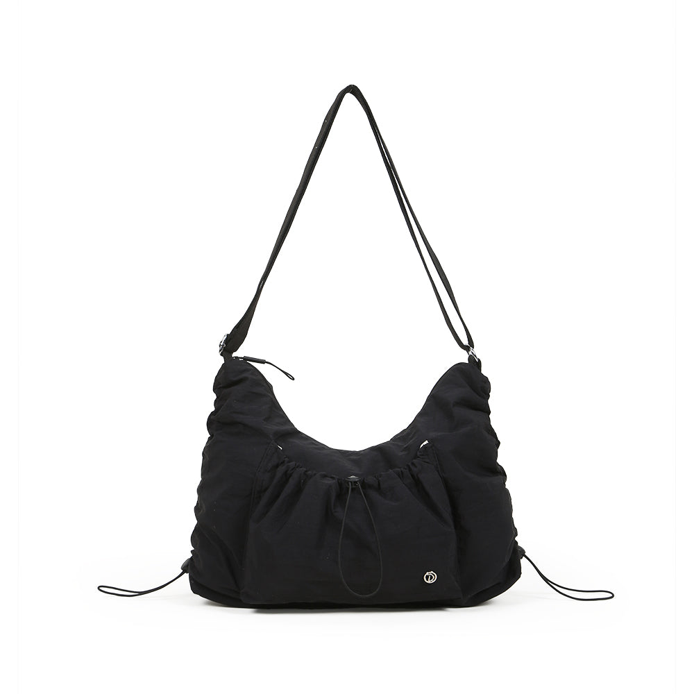 【Durlapue】Drawstring design pleated large capacity shoulder bag nylon waterproof fashionable versatile crossbody bag