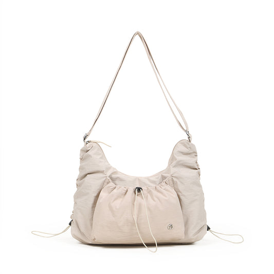 【Durlapue】Drawstring design pleated large capacity shoulder bag nylon waterproof fashionable versatile crossbody bag