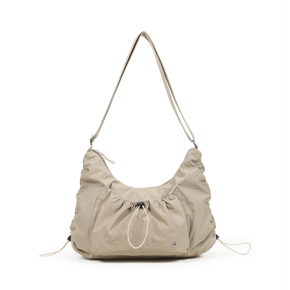 【Durlapue】Drawstring design pleated large capacity shoulder bag nylon waterproof fashionable versatile crossbody bag