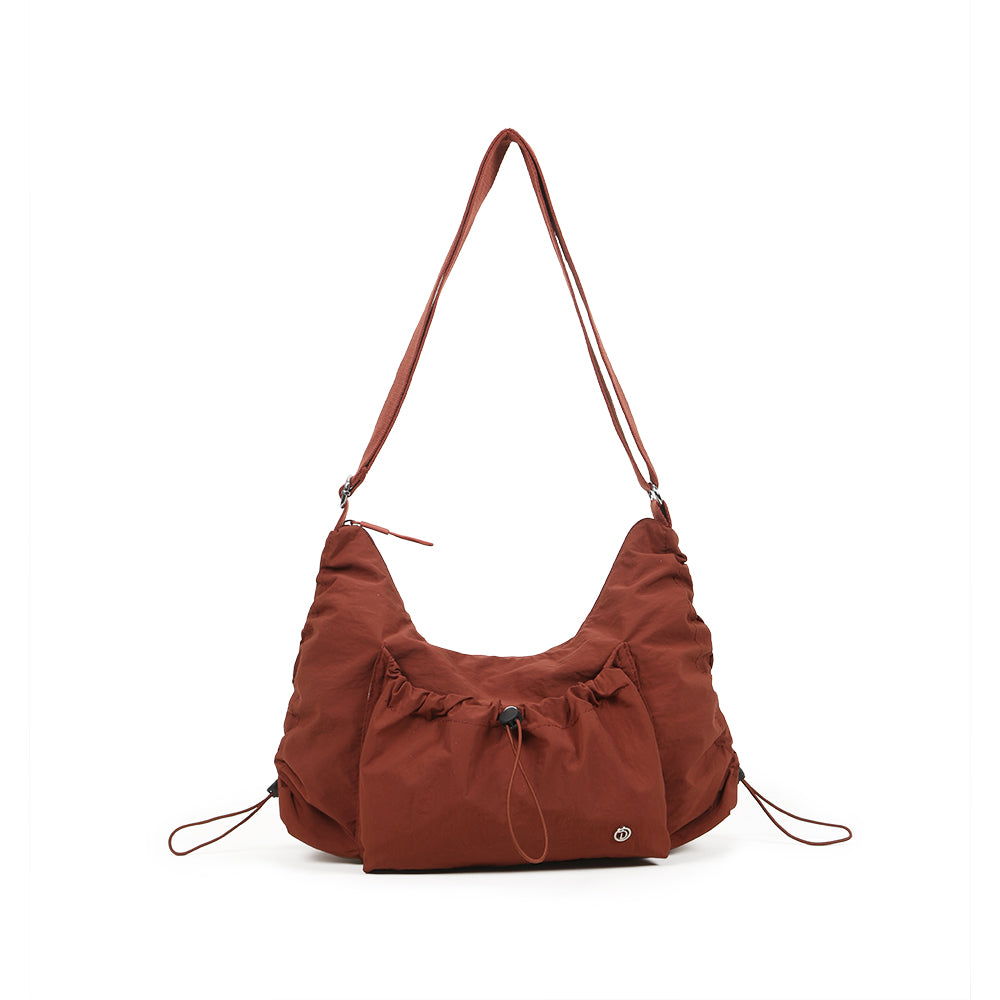【Durlapue】Drawstring design pleated large capacity shoulder bag nylon waterproof fashionable versatile crossbody bag
