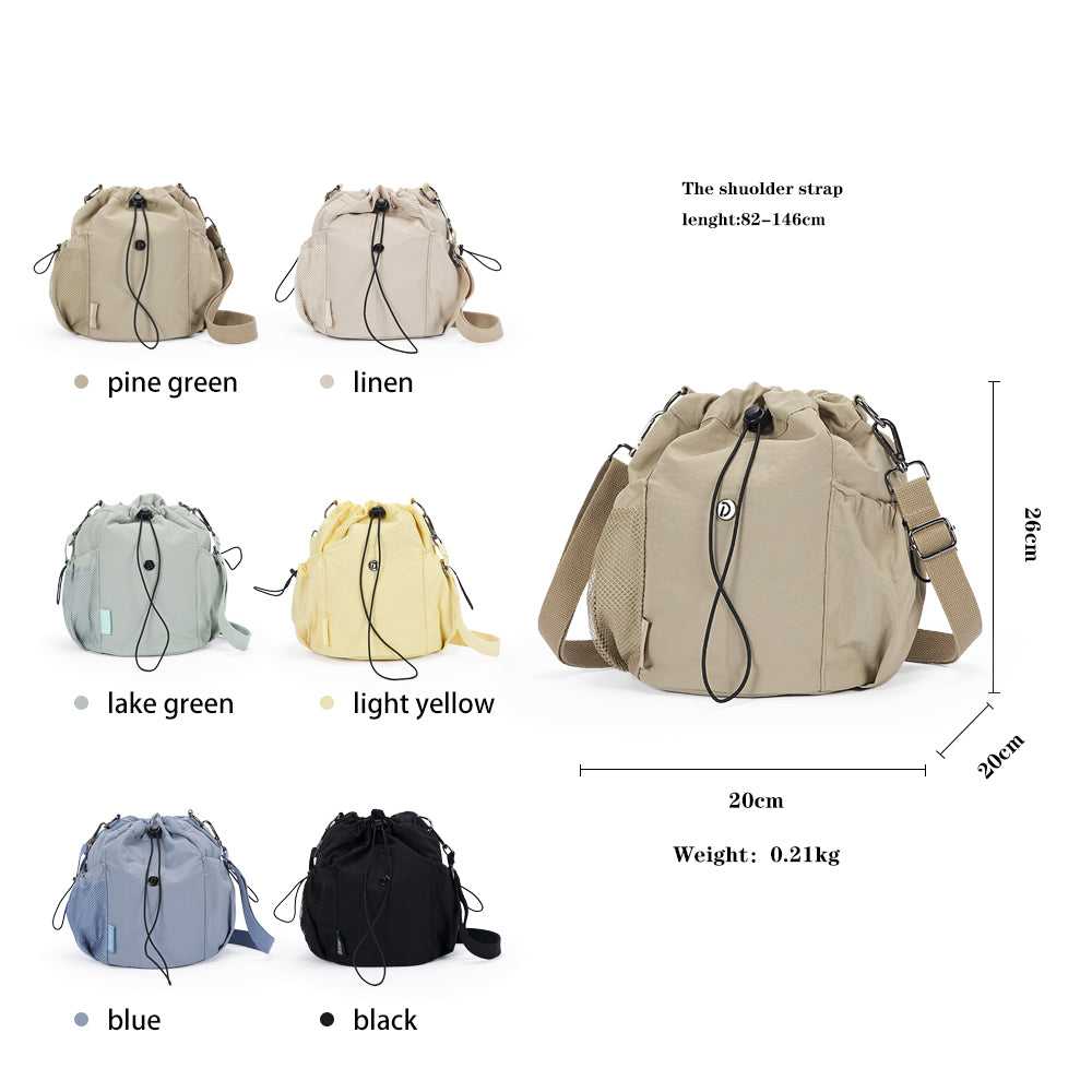 (Durlapue) Nylon material men's and women's fashionable bucket bag, lightweight drawstring crossbody bag
