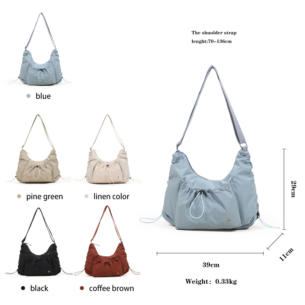 【Durlapue】Drawstring design pleated large capacity shoulder bag nylon waterproof fashionable versatile crossbody bag
