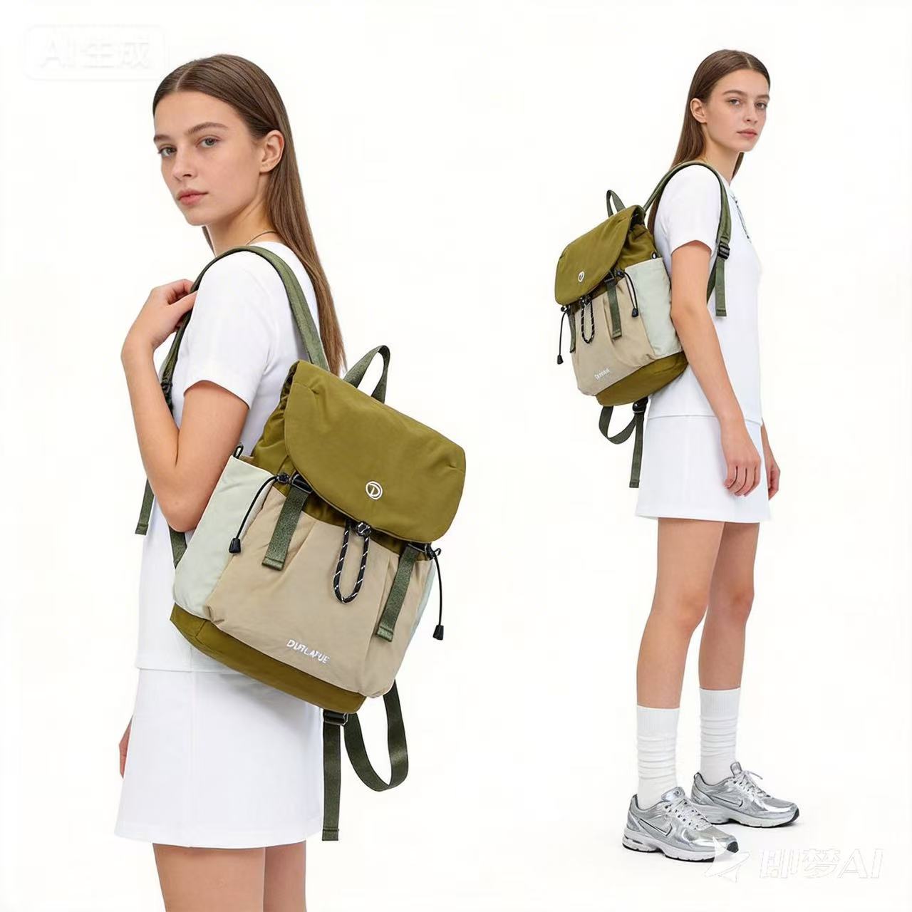 (Durlapue) Minimalist color-blocked flap drawstring backpack, can hold a 13-inch laptop.