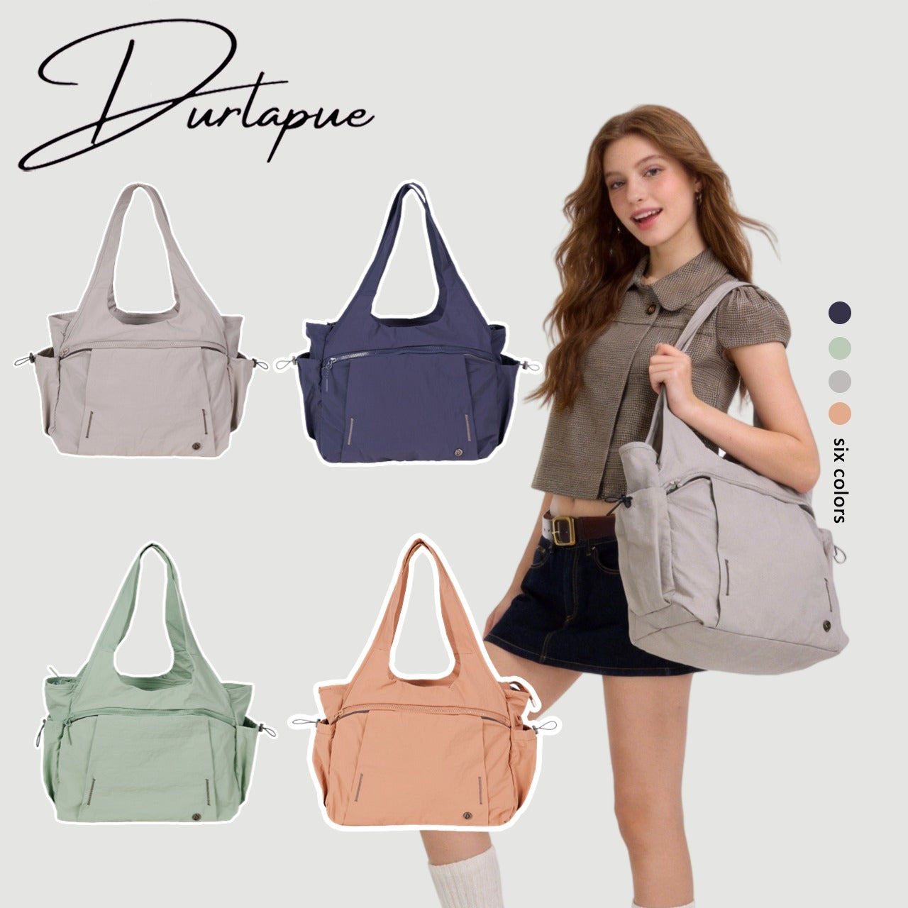 【Durlapue】Large Capacity Nylon Tote Bag Multi Pockets Casual Work Travel Handbag