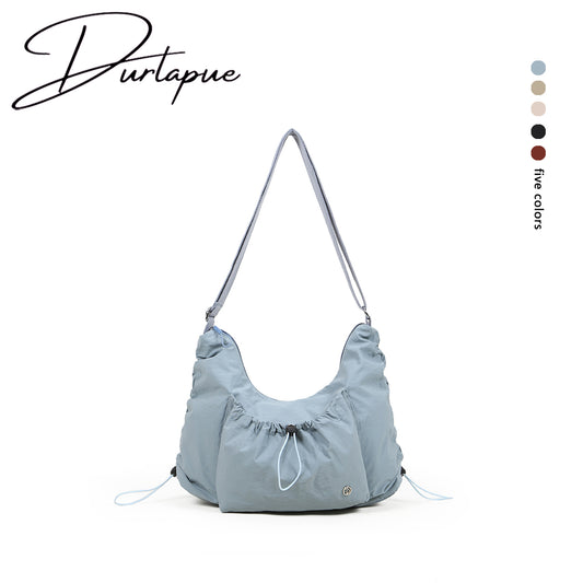 【Durlapue】Drawstring design pleated large capacity shoulder bag nylon waterproof fashionable versatile crossbody bag